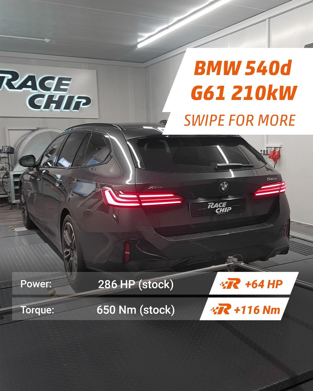 BMW 540d G61 on a power test bench with performance upgrade details displayed.