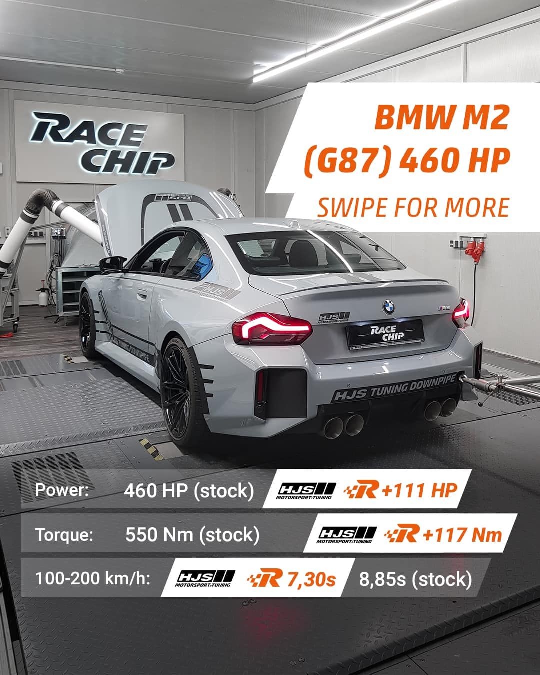 BMW M2 car in a tuning facility, showing power upgrades and performance stats on screen.